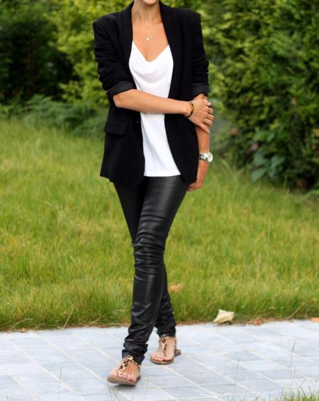 The Helmut Lang leather leggings and the leopard sandals
