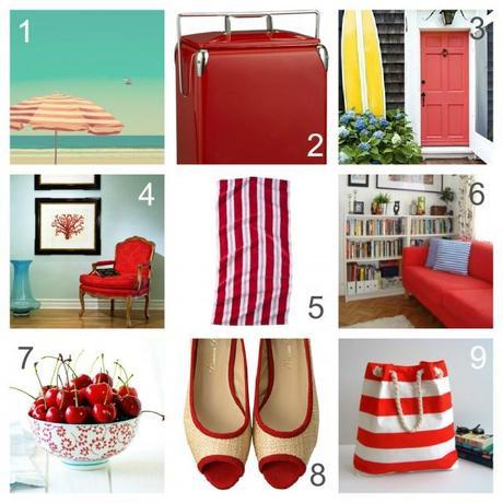 Red-Collage-NookAndSea-Beach-White-Striped-Vacation-Home-Decor-Couch-Bag-Tote-Flats-Shoes-Cherries-Umbrella-Door color code: cherry