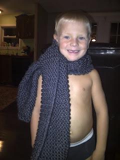Pardon the kid in under ware modeling my first scarf. I t...