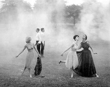 I’ve spent the majority of my afternoon doing research on shoes. I bought a silver vintage dress for a wedding this upcoming weekend, in the Berkshires. I’m in the bridal party, so I want to look above-average put together.
The wedding is in a barn, so the shoes can’t be super spikes, or difficult to walk in. My dress is calf length, which makes me self conscious about how muscular my legs are. 
I still haven’t come up with an idea. I started out wanting a bold color, and now, am thinking more and more about a subtle, nude heel. On the suggestion of one of my more stylish friends, I’m going to No. 6 in the morning. If you have any ideas please let me know. 
In the meantime, Evelyn Tripp and Dovima pictured above, in my dream attire, dueling in a misty field. Sigh.