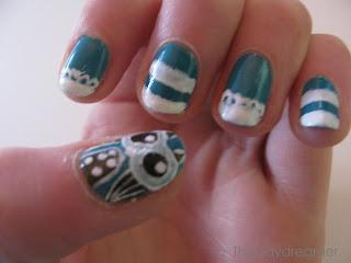 Ocean Blue, Owl & White Lacing Nail Art