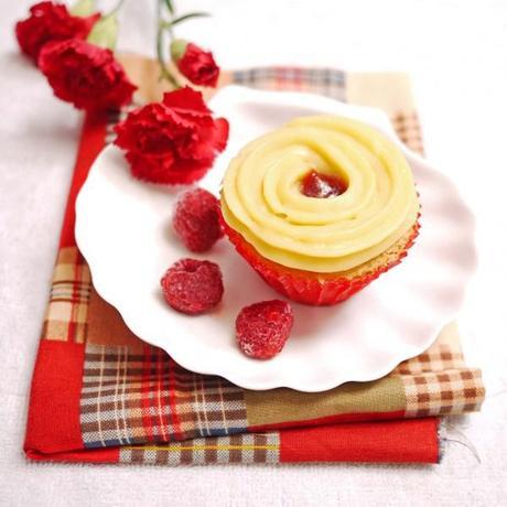 Lemon Cupcakes with Pastry Cream and Raspberry Curd