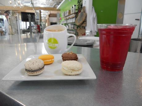 Portola Coffee, crimson berry iced tea and assortment of macaroons