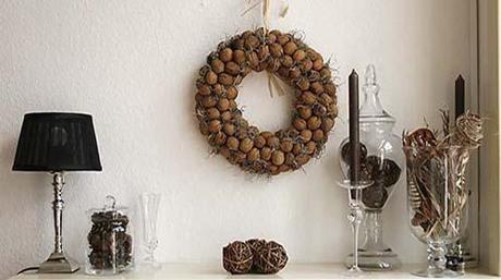 Fall mantel decoration walnut wreath Fall Color ~ Designing with Brown HomeSpirations