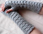 Long knit fingerless gloves knit arm warmers fingerless mittens Cable knit gray dove fall, Extra Long and Soft Acrylic - Initasworks