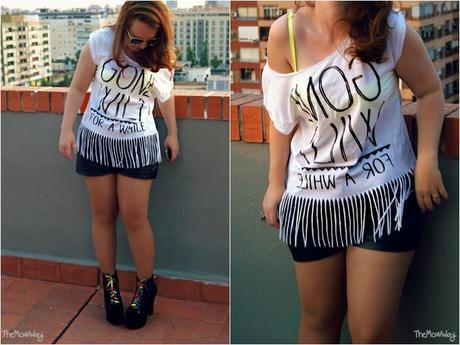 outfit themowway leather shorts rayban fringe top