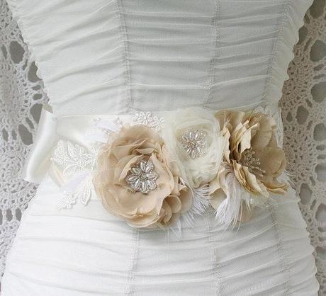 Floral Bridal Sash, Wedding Belt, Pearl Beaded Floral Bridal Sash in Ivory and Beige Champagne - Ready to Ship