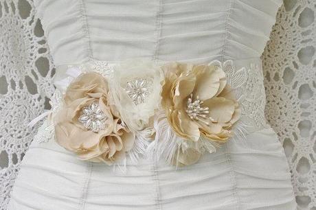 Floral Bridal Sash, Wedding Belt, Pearl Beaded Floral Bridal Sash in Ivory and Beige Champagne - Ready to Ship