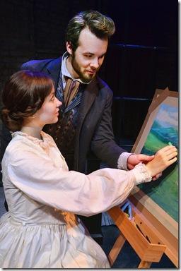 Walter Hartright (Nicholas Bailey, right) instructs Laura Fairlie (Maggie Scrantom, left) in the art of pastel; in Lifeline Theatre’s world premiere production of “The Woman in White.”  Photo by Suzanne Plunkett