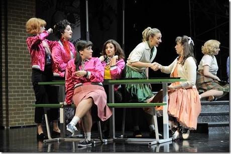 (front right)  Tiffany Trainer plays Frenchie, Jessica Kingsdale  is Rizzo, Lara Manier is Jan, Darcy Wood plays Marty, Shanna Heverly is Patty, Emma Ritchie plays Sandy Dumbrowski and Allie Parris is an ensemble member in Paramount Theatre’s 2012-13 Broadway series season opener Grease.