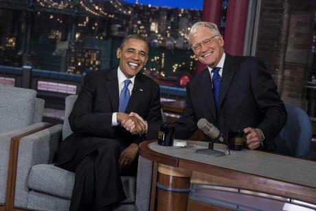 President Barack Obama spoke about Mitt Romney's controversial remarks with CNN's David Letterman at the Ed Sullivan Theater in New York on Sept. 18, 2012. Photo: Getty.