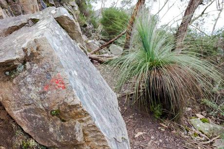 faded red arrow painted on rock