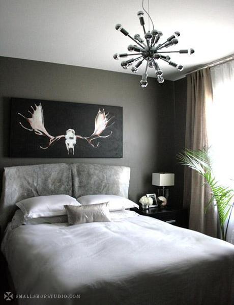 small shop: bedroom, gray, white, linen, antlers, cowhide, sputnik THE SPUTNIK // and a Mini Makeover