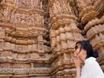 Sonya admiring the intricacy of the carvings of the Kandariya Mahadev Temple