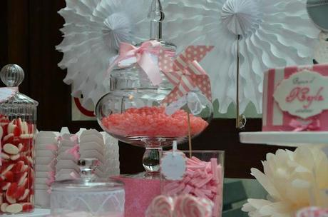 Pink and White Themed Christening with Fans and Lace by  Sugar Coated Candy & Dessert Buffets