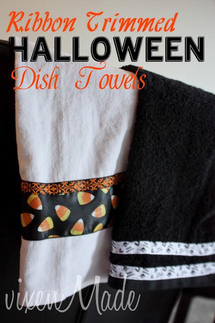 Ribbon Trimmed Halloween Dish Towels