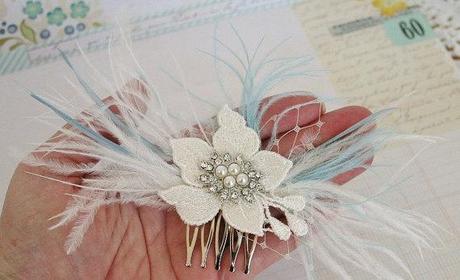 Bridal Feather Fascinator, Wedding Hair, Blue, Ivory, Fascinator, Lace, Crystal, Pearl, Bridal Hair Comb, Bridal Hair Accessories
