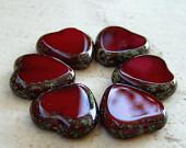 Czech Glass Heart Bead Oxblood Red Picasso 15mm : 6 pc - BobbiThisnThat