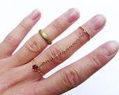 Gold double Knuckle Ring Chain With Oxblood Red Vintage Swarovski Crystal - AmeliaMaysjewelery