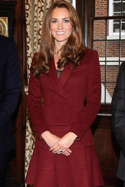 Spotted: Duchess Catherine in Burgundy Skirt Suit