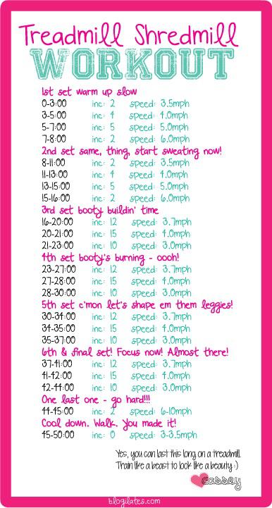 TREADMILL SHREDMILL WORKOUT! It's 45 min long with a 5 min cooldown. This is part of my bikini comp cardio. And yes, you CAN last this long on a treadmill. Trust me. Try it.