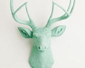 Faux Deer Head - The Eleanor - Seafoam Green Resin Deer Head- Deer Antlers Mounted- Faux Head Wall Mount - WhiteFauxTaxidermy