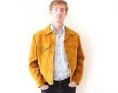 Vintage 70s Mens Mustard Yellow Suede Western Snap Jacket - M - paisleyfacevintage