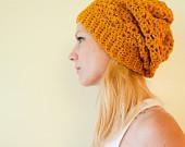 Slouchy hat beanie crocheted - mustard yellow goldenrod - wool - CThandmade