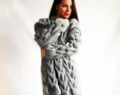 autumn sweater  fashion Grey over-sized handmade cable-knitted cardigan coat - orchideaboutique