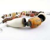 necklace ooak silver ceramic carved bone repurposed old dutch pipes tribal ethnic inspired unisex modern yellow brown - PiaBarileJewelry