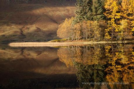 Autumn colours - trees reflected in Loch Lubhair near Crianlarich