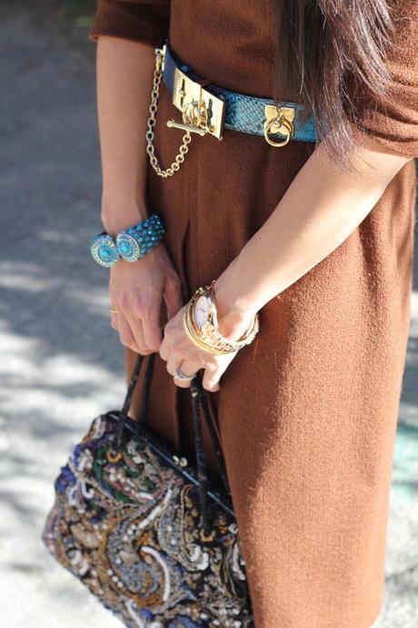 brown wool dress, BCBG toggle belt, YSL palais pumps, embroidered framed bag, karen walker number one sunglasses