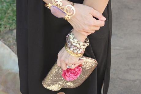 style of sam, black and white halter dress, jcrew glitter clutch, h&m flower, bottega venetta heels