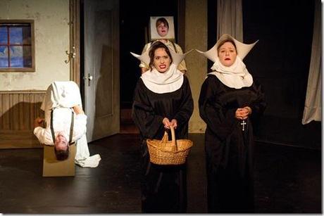 Basher (left, John Mossman) takes a time out with Rasher (center back, Ira Amyx), while the nuns (Katherine Schwartz, center left) and (Barbara Figgins, center right) tell their story in Seanachaí Theatre Company’s production of IN PIGEON HOUSE by Honor Molloy, directed by Brian Shaw at the Den Theatre.  (photo credit: Eileen Moloy)