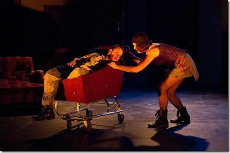 Dolly, right, (Katherine Schwartz) perambulates with her babby-boo, Rasher, left, (Ira Amyx) in Seanachaí Theatre Company’s production of IN PIGEON HOUSE by Honor Molloy, directed by Brian Shaw at the Den Theatre.  (photo credit: Eileen Moloy)