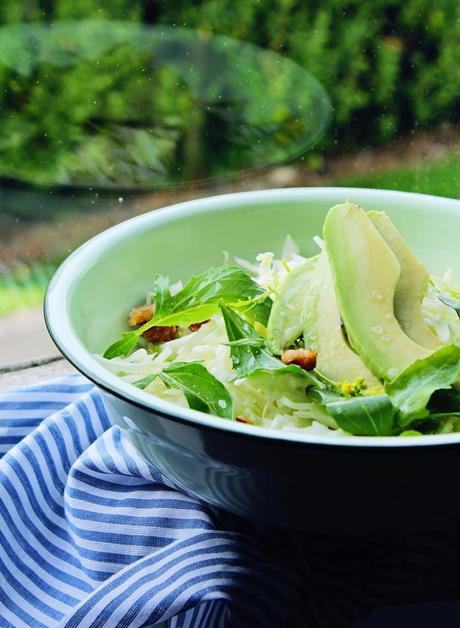Raw Green Salad Avocado Cabbage Walnut Vinaigrette Healthy Refreshing Good Eating on Busy Days Homemade