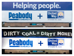 Activists Unfurl Banner Over ‘Peabody + United Way’ Billboard