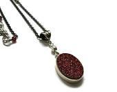 Raspberry Titanium Druzy Druse, Tiny Red Garnets, Tiny Silver Pyrite, Oxidized Sterling Silver Necklace ... Red Autumn Nights - OpheliaJaine