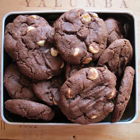 Mocha double chocolate cookies in a tin