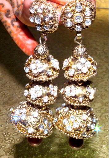 Earrings - Jhumka with Crystals, Maroon Drops and Golden Metal