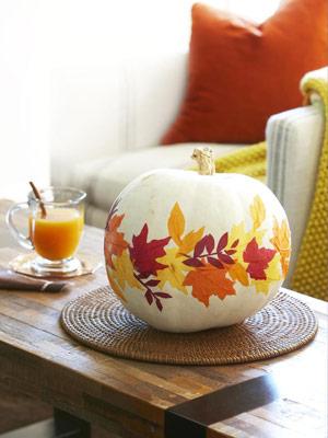 good housekeeping paper leaves on white pumpkin mdn1 Halloween Eye Candy: Pumkin   palooza!