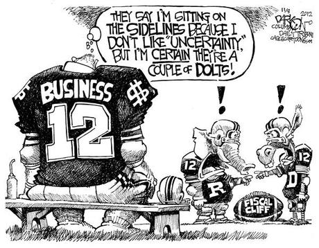 John Darkow - Columbia Daily Tribune, Missouri - Business Sitting on the Sidelines - English - Business, 12, Sidelines, Football, Republican, Democrat, Politics, Certain, Dolt, Fiscal, Cliff, Bench, Field, Election
