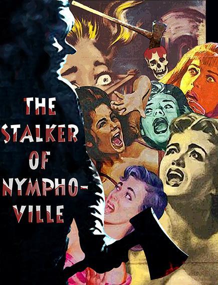 photo illustration of movie poster for fictitious slasher horror movie constructed in Photoshop by combining bits and pieces of actual old horror movie poster showing killer with bloody ax and screaming terrified women