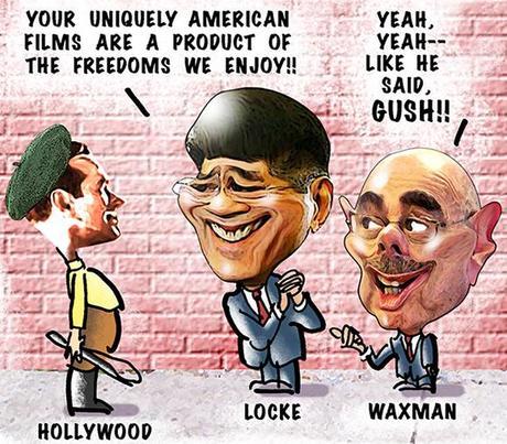 detail image of editorial cartoon making fun of former commerce secretary Gary Locke and Representative Henry Waxman, Democrat, California, for praising Hollywood films for reflecting American freedoms and ignoring fact that so many of them are junk and filled with violence and a bad influence