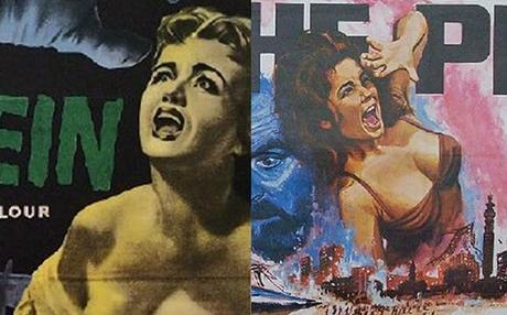 images from two old horror movie posters showing melodramatic illustrations of scantily-clad women screaming in terror with gaudy retro colors and collage of scenes from movie