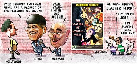 editorial cartoon making fun of former commerce secretary Gary Locke and Representative Henry Waxman, Democrat, California, for praising Hollywood films for reflecting American freedoms and ignoring fact that so many of them are junk and filled with violence and a bad influence