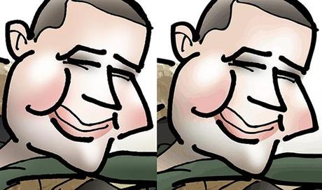compare showing difference between caricature done in Photoshop (bitmap or raster image) and same image after it was traced and converted to a vector image in Adobe Illustrator