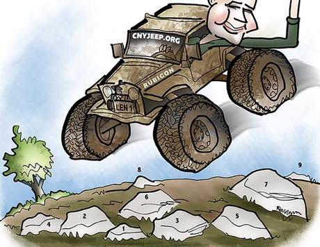 caricature of man who is airborne in his mud-splattered jeep soaring over rocks and leaning out window giving the hang loose hand sign and rocks are numbered to show how artist identified them so he could add shading to them one at a time