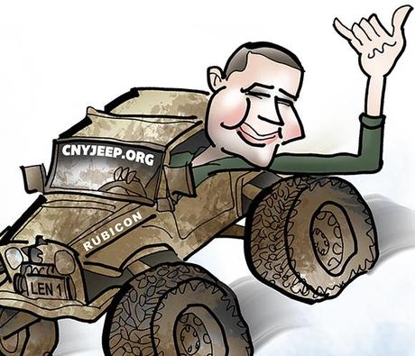 detail image of caricature of man who is airborne in his mud-splattered jeep soaring over rocks and leaning out window giving the hang loose hand sign