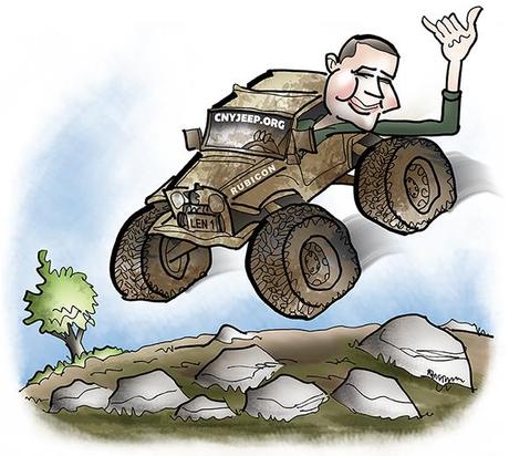 caricature of man who is airborne in his mud-splattered jeep soaring over rocks and leaning out window giving the hang loose hand sign